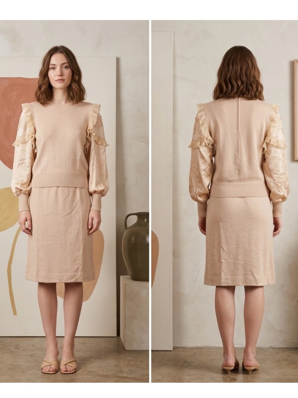 Vintage 70’s Jayna Tan Knit Ruffled Lace Silk Sweater Top Pencil Skirt Set Suit